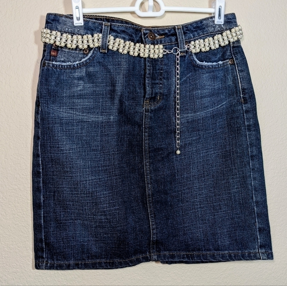 Denim Mini Skirt with Pearl Bead and Silver Belt